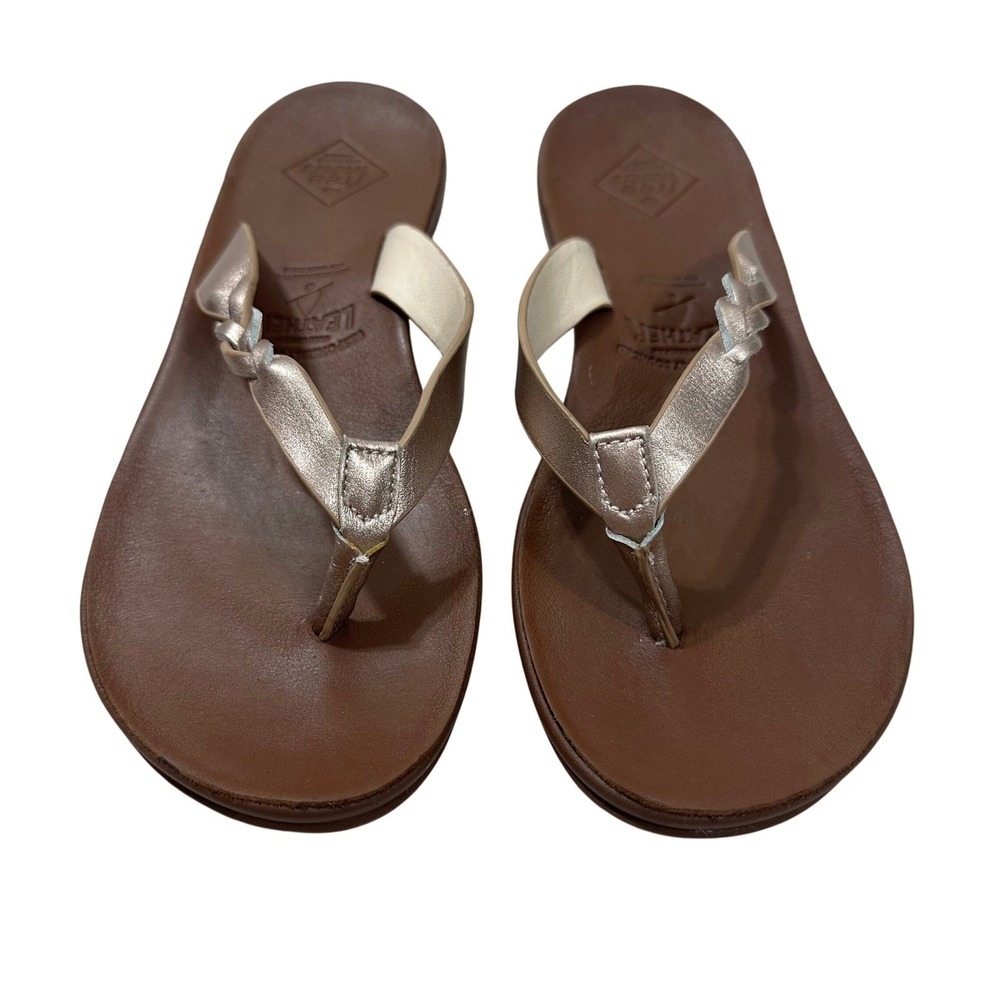 Freewaters Womens Braided Leather Flip Flop‎ Sandals Metallic Gold Brown Flat